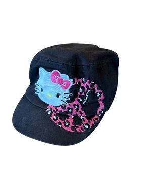 Sanrio Hello Kitty Black cadet-style Cap Pink Leopard Print Peace Sign Cotton